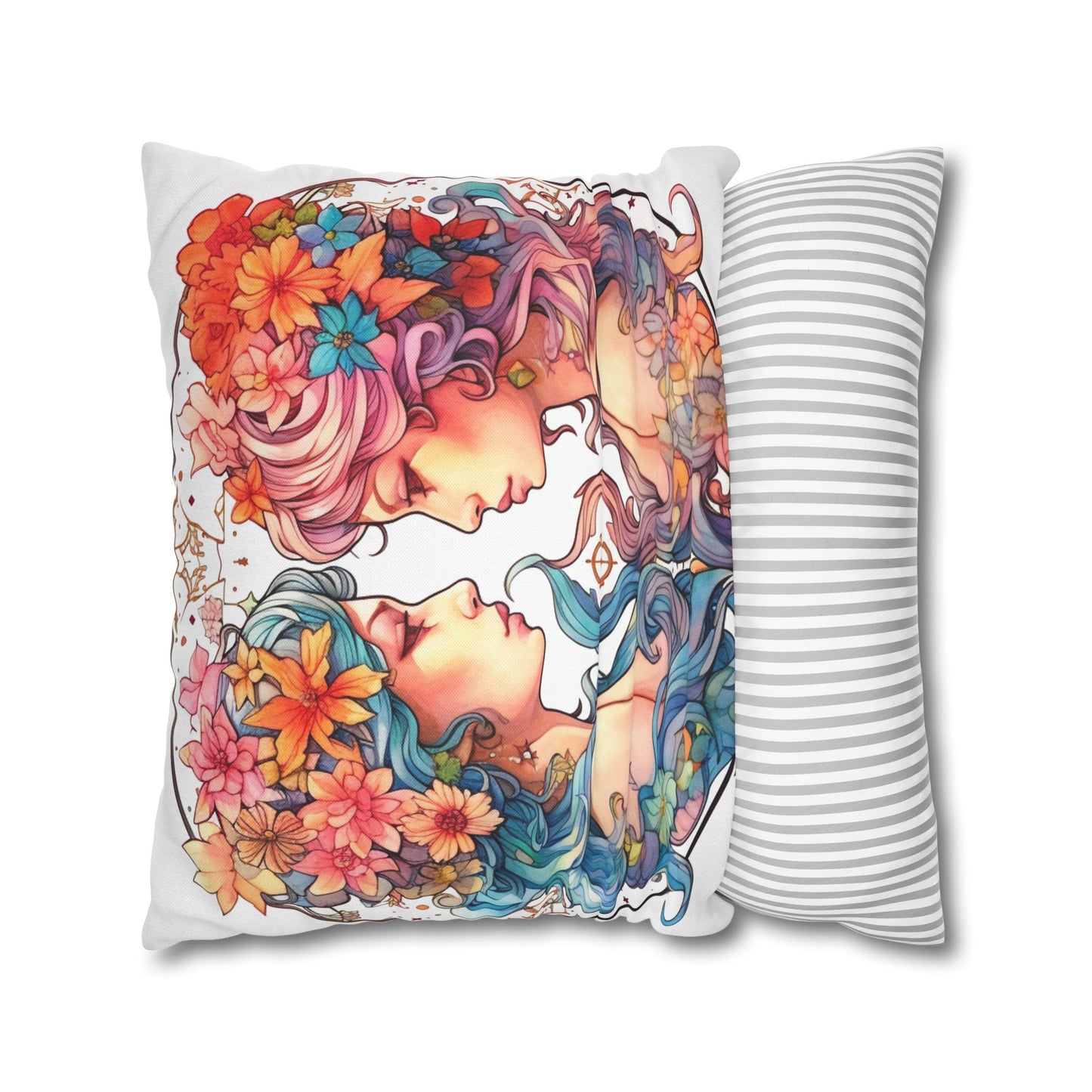 Zodiac Gemini Clipart - Twins Symbol, Whimsical Comic Style - Spun Polyester Square Pillow Case