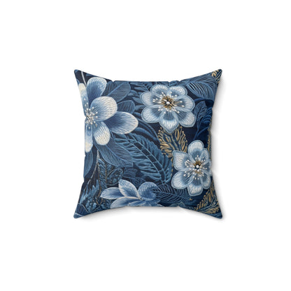 Flower Blossom Embroidery Floral on Denim Style - Spun Polyester Square Pillow