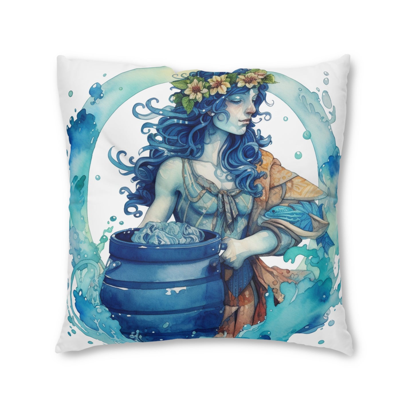 Artistic Aquarius Zodiac - Watercolor Water-Bearer Depiction - Tufted Floor Pillow, Square