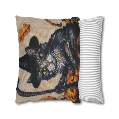 Halloween Cat Magic: Embroidered Style Feline with Pumpkins & Witch Hat - Spun Polyester Square Pillow Case