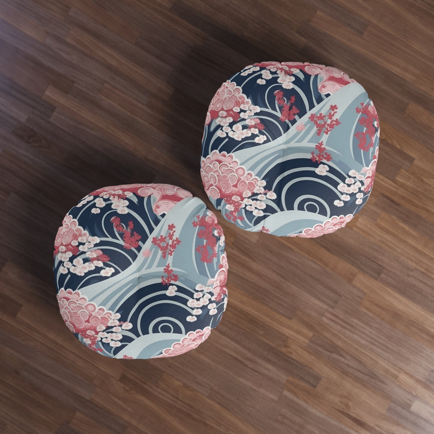 Japanese Minimalist Waves & Cherry Blossoms Pattern Tufted Floor Pillow, Round