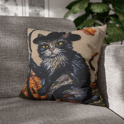 Halloween Cat Magic: Embroidered Style Feline with Pumpkins & Witch Hat - Spun Polyester Square Pillow Case