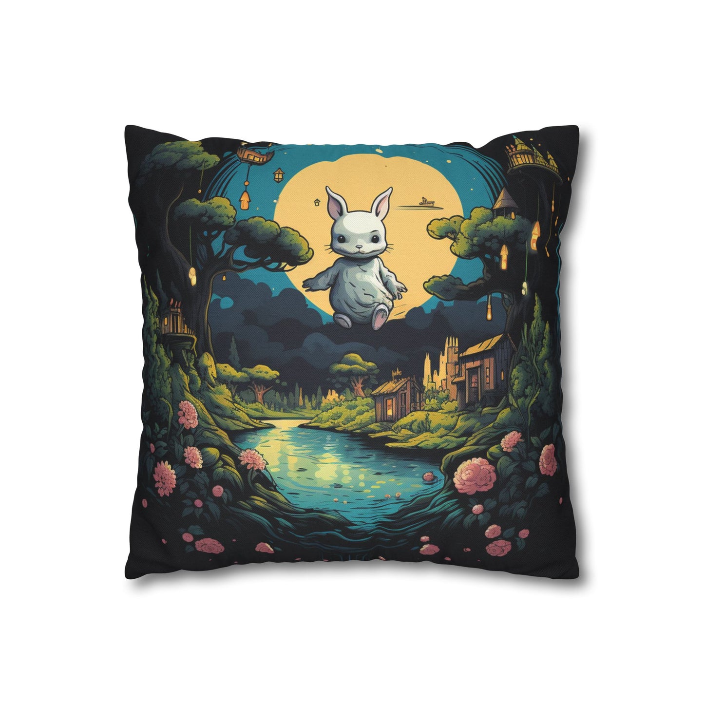 White Rabbit Mystery Psychedelic Fantasy Anime Cartoon Bunny - Spun Polyester Square Pillow Case