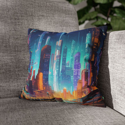 Futuristic Neon Cyberpunk Cityscape Art Design Spun Polyester Square Pillow Case