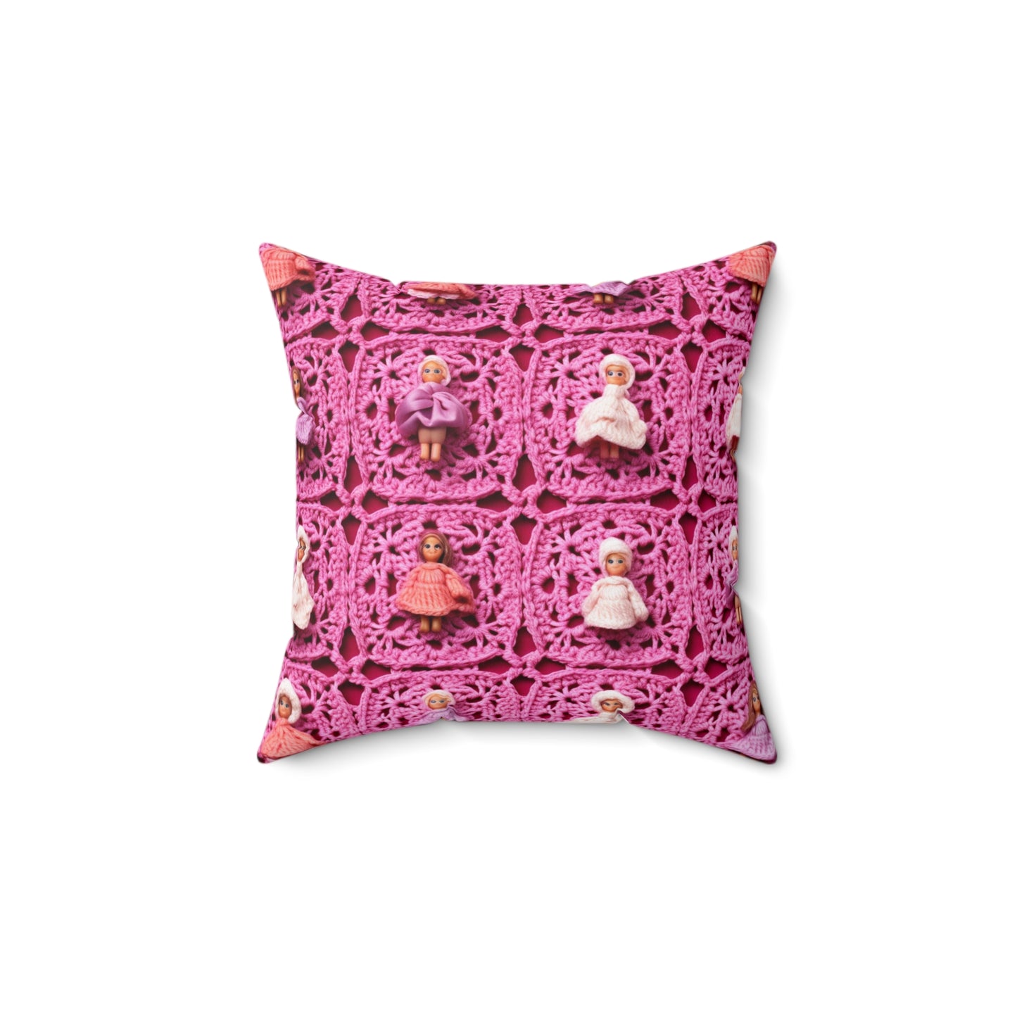 Barbie Dolls on Granny Squares: Realistic Pink Toy Design - Spun Polyester Square Pillow