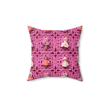 Barbie Dolls on Granny Squares: Realistic Pink Toy Design - Spun Polyester Square Pillow