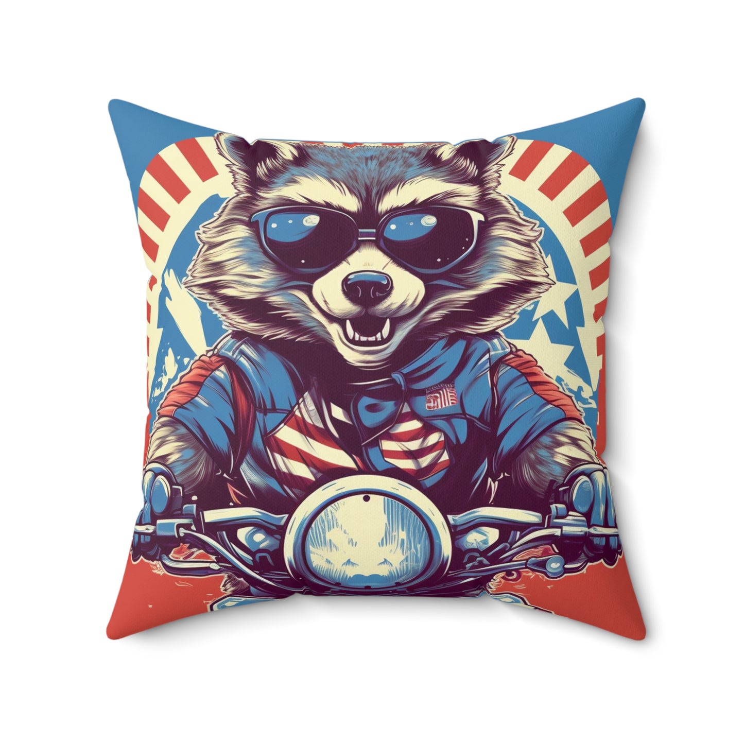 Raccoon Motorcycle Bike Rider Furry Animal Graphic Spun Polyester Square Pillow