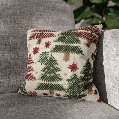 Embroidered Christmas Winter, Festive Holiday Stitching, Classic Seasonal Design - Spun Polyester Square Pillow Case