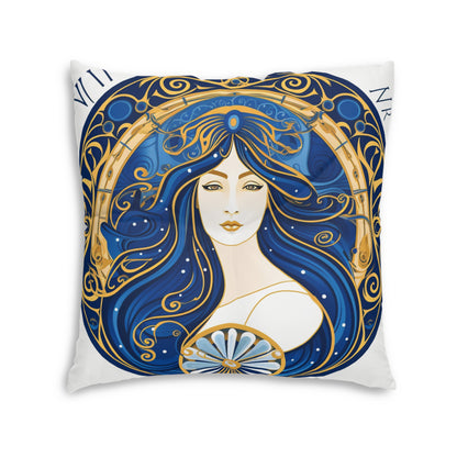 Virgo Zodiac Circular Symmetry in Gold Royal Blue - Tufted Floor Pillow, Square