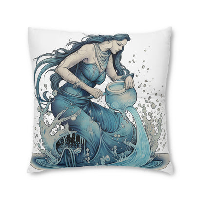 Aquarius Zodiac Symbol - Girl Pouring Water, Hand-Drawn Style - Tufted Floor Pillow, Square