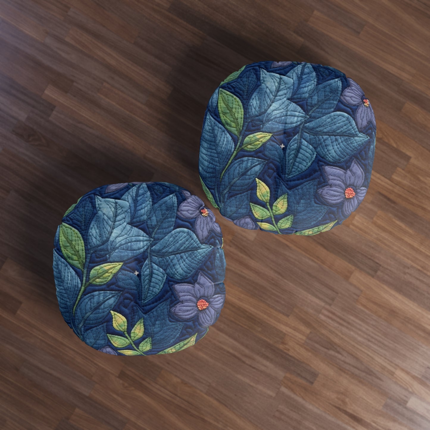 Floral Embroidery Blue: Denim-Inspired, Artisan-Crafted Flower Design - Tufted Floor Pillow, Round