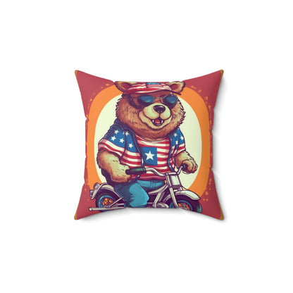 Biking with American Pride: Celebrate 4th of July with the Patriotic Bear's Ride Spun Polyester Square Pillow