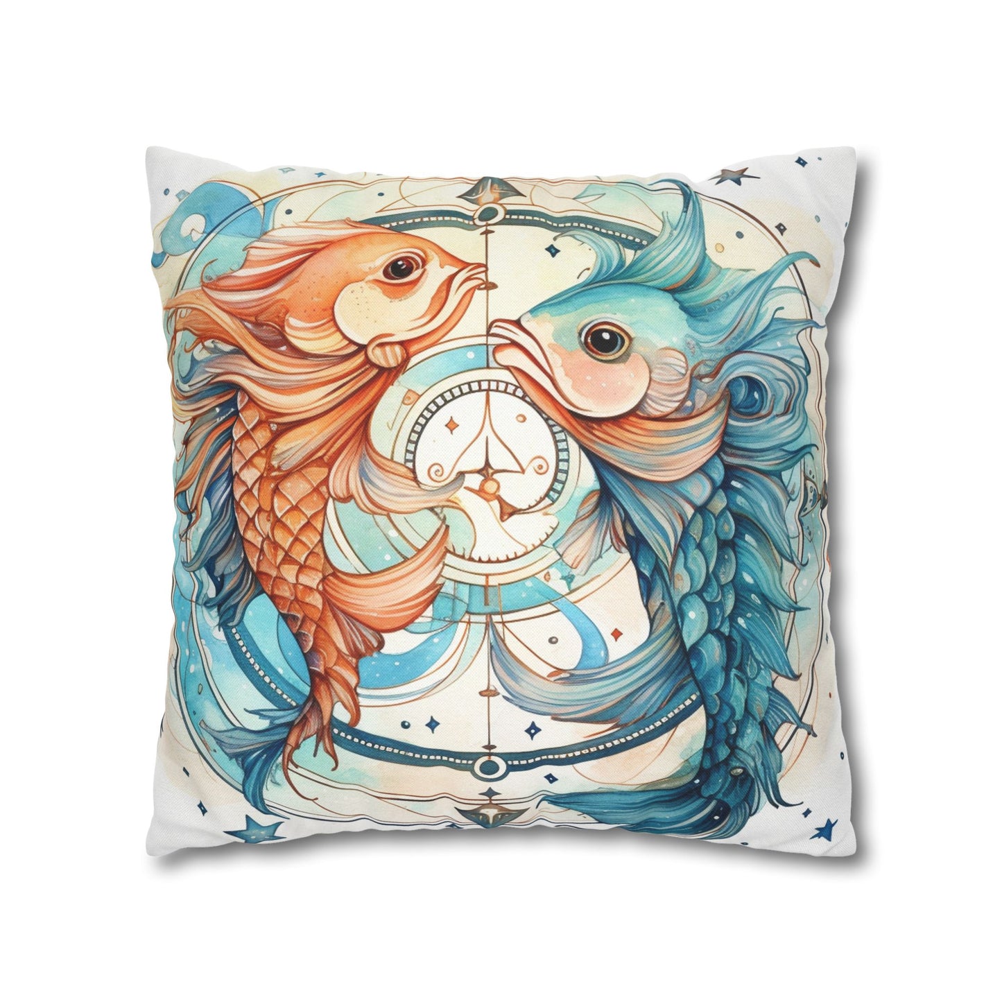 Pisces Zodiac Horoscope - Starry Watercolor & Ink, Hyper-Detailed Fish Spun Polyester Square Pillow Case