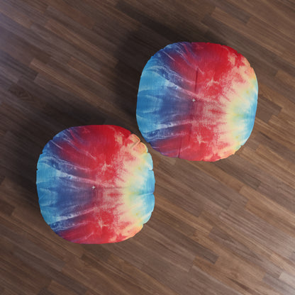 Rainbow Tie-Dye Denim: Vibrant Multi-Color, Fabric Design Spectacle - Tufted Floor Pillow, Round