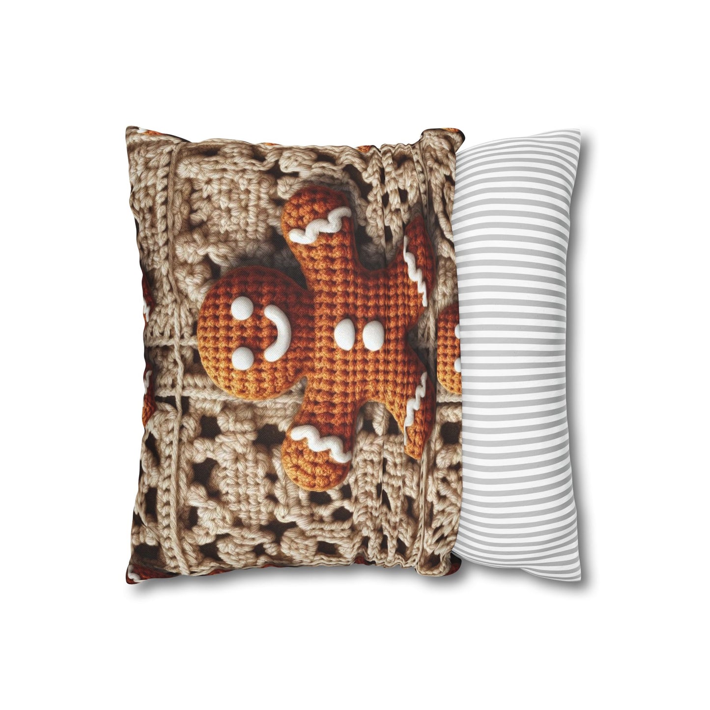 Rustic Gingerbread Delights: Christmas Crochet Gingerbread Men on Classic Beige Granny Squares - Spun Polyester Square Pillow Case