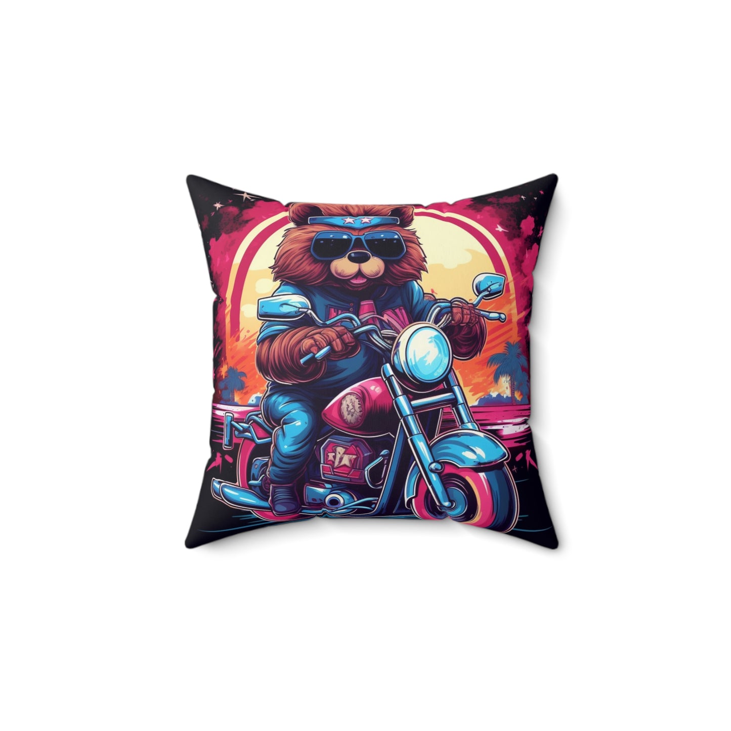 Motorcycle Bear Rider Adventure Graphic Spun Polyester Square Pillow