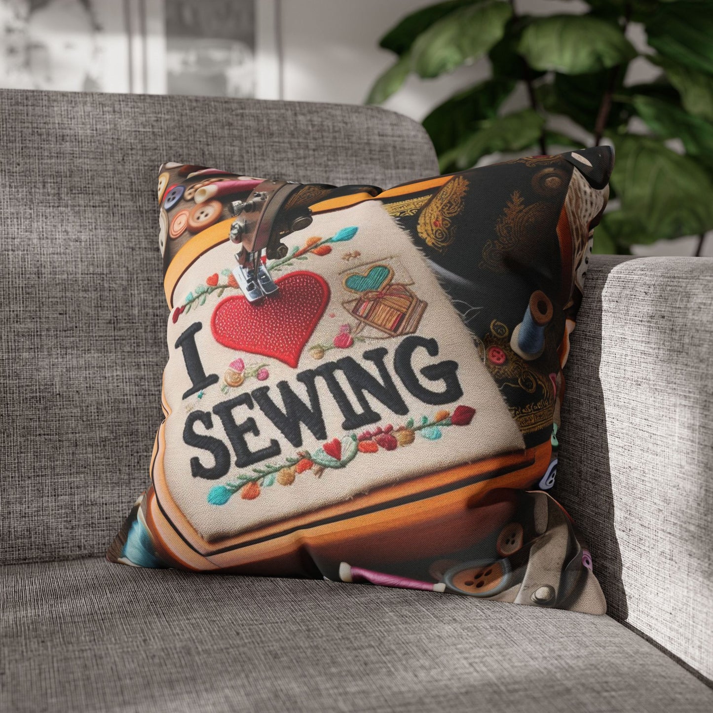 Sewing Machine, I Love Sewing Embroidery, Tailor Workshop - Spun Polyester Square Pillow Case