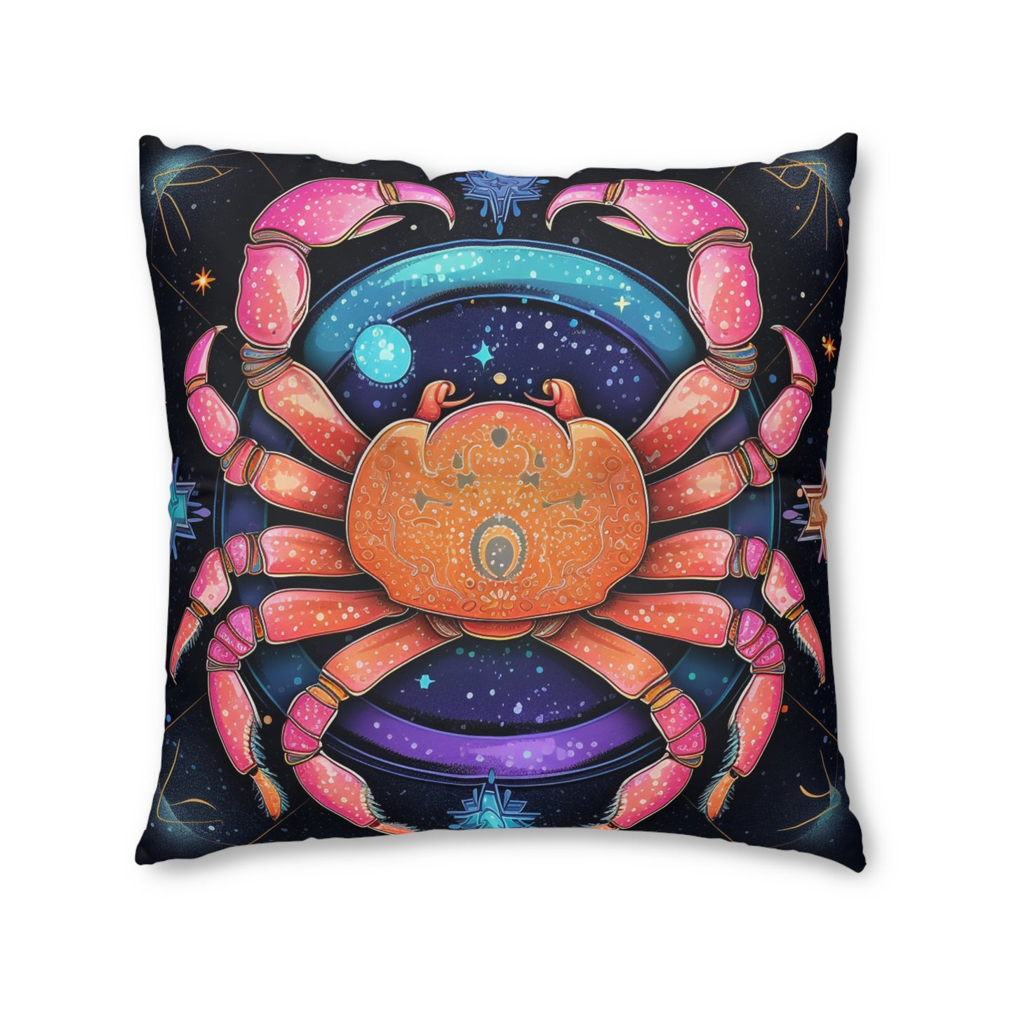 Rainbow Celestial Crab - Vibrant Cancer Zodiac Sign Art - Tufted Floor Pillow, Square