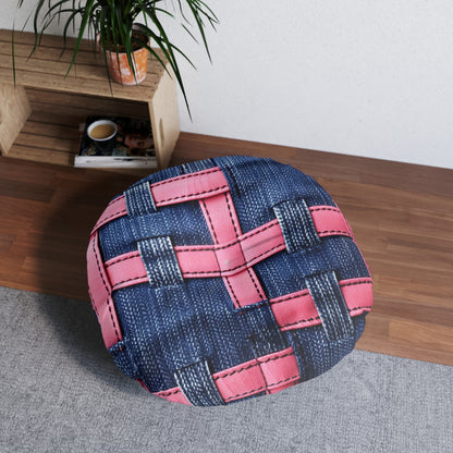 Candy-Striped Crossover: Pink Denim Ribbons Dancing on Blue Stage - Tufted Floor Pillow, Round