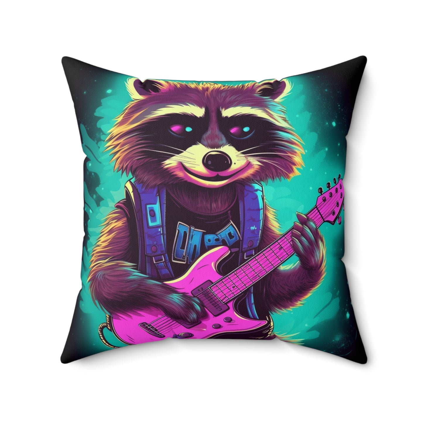 Raccoon Guitar Music Player Furry Animal Rock Star Spun Polyester Square Pillow