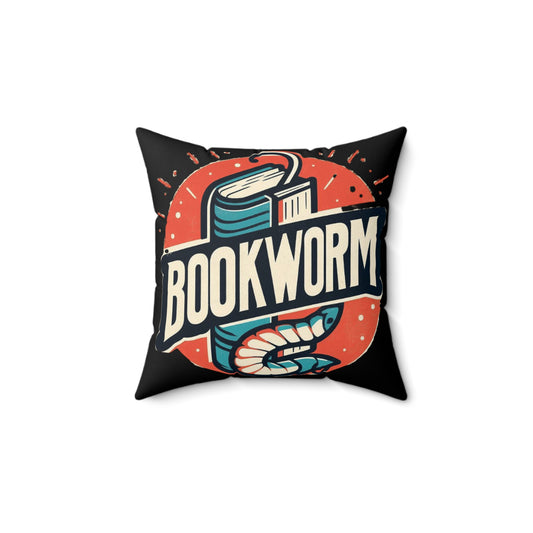 Bookworm Badge Graphic: Retro-Style Book Lover Emblem - Spun Polyester Square Pillow