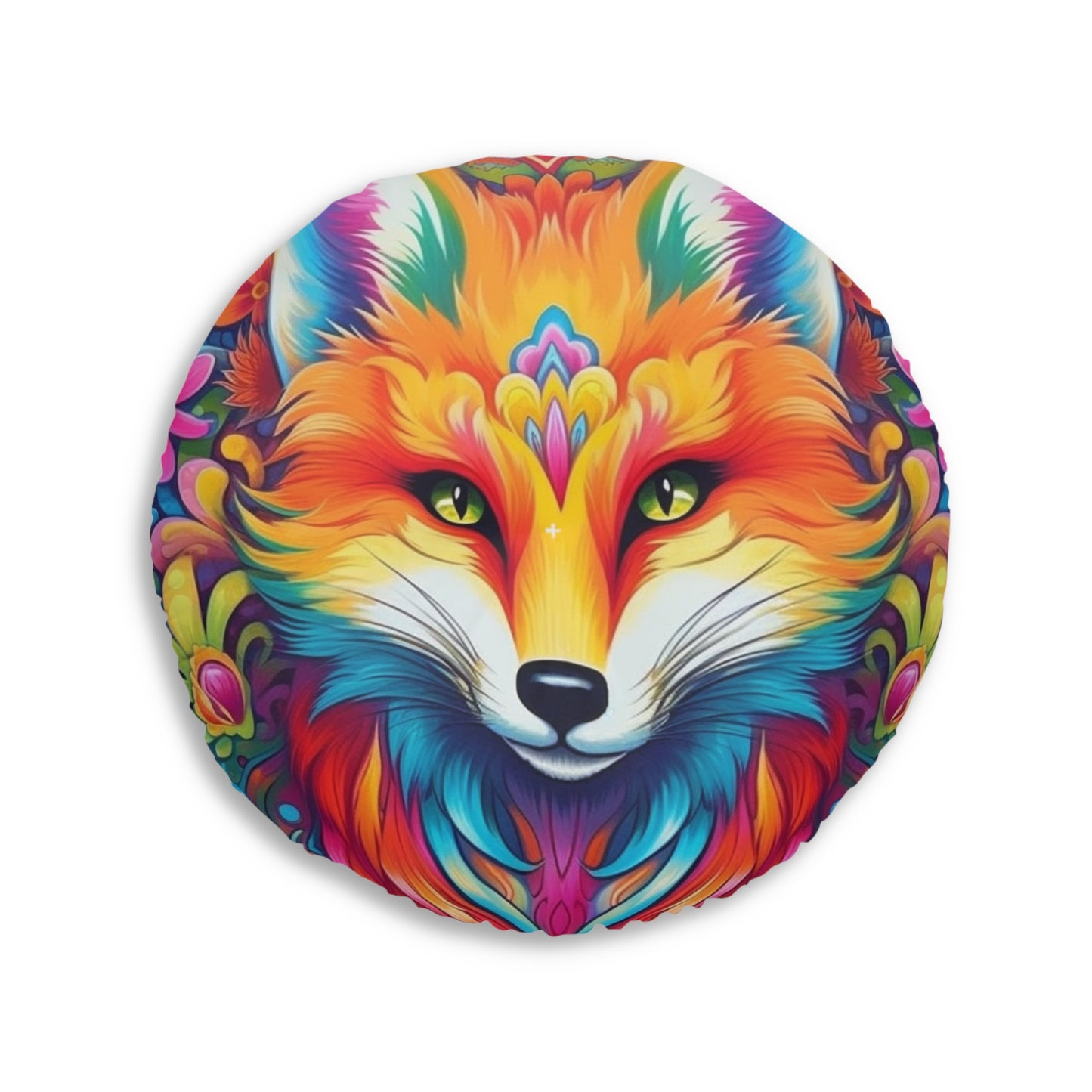 Vibrant & Colorful Fox Design - Unique and Eye-Catching - Tufted Floor Pillow, Round