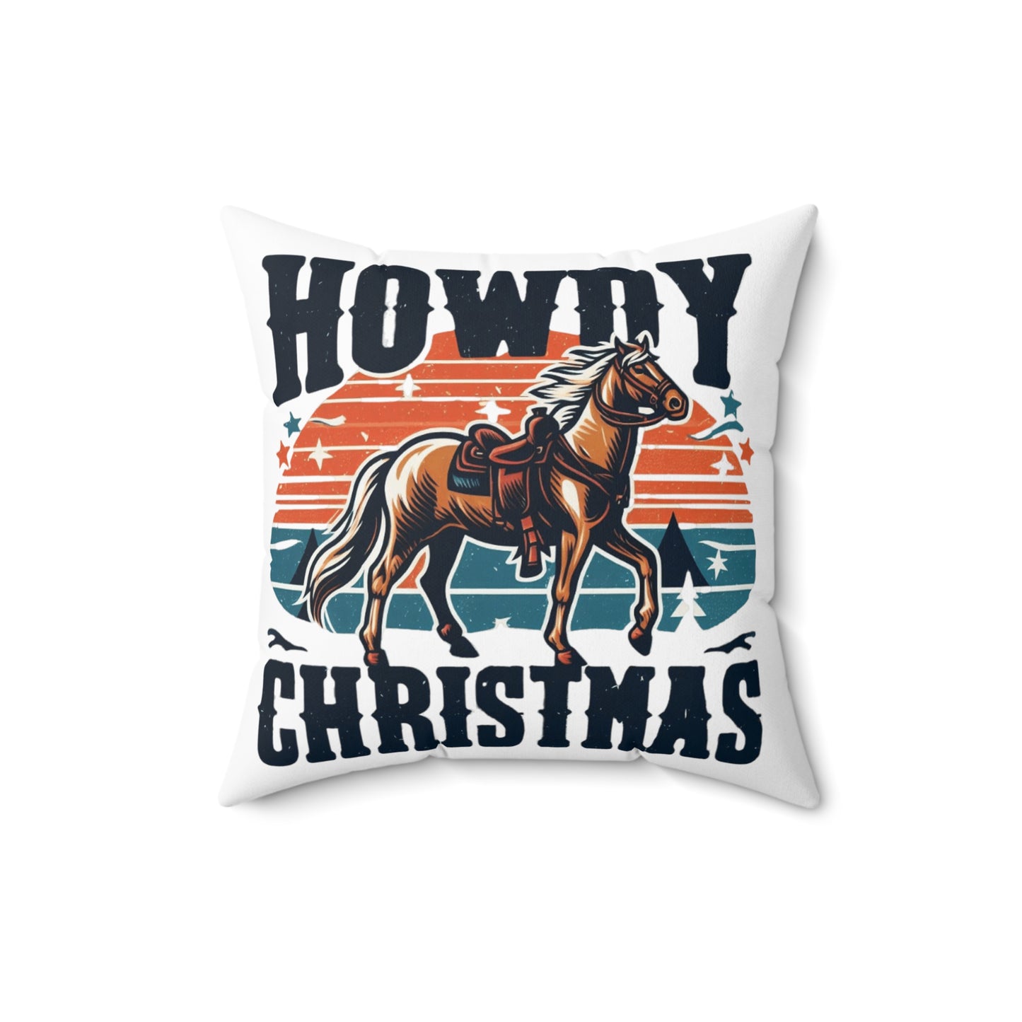 Retro Western Christmas - Howdy Christmas with Patriotic Horse and Star Banner - Spun Polyester Square Pillow