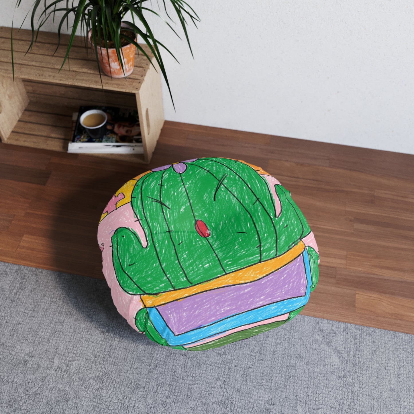 Desert Cactus Sumo Wrestler Graphic Tufted Floor Pillow, Round