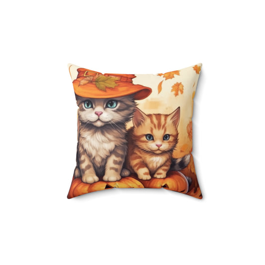 Kitty Cat Kittens Halloween - Cute Furries on Pumpkin - Festive Feline Decor - Spun Polyester Square Pillow