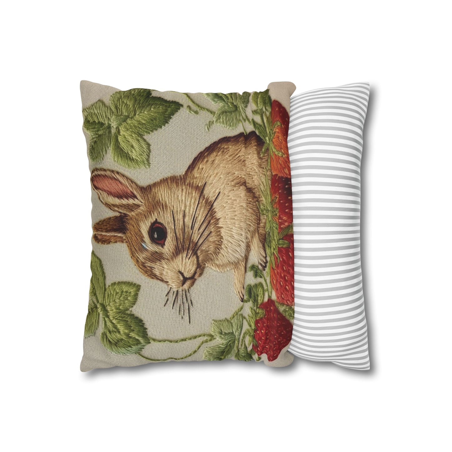 Strawberry Bunny Rabit - Embroidery Style - Strawberries Fruit Munchies - Easter Gift - Spun Polyester Square Pillow Case