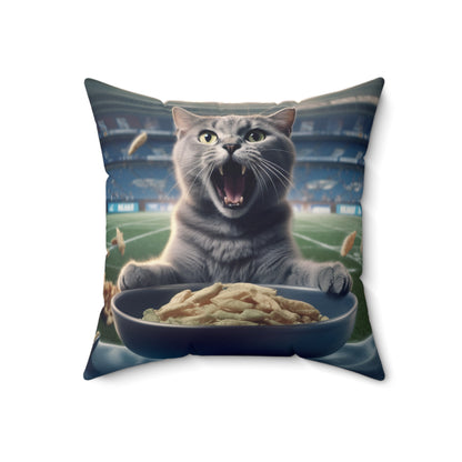 Halftime Football Feline: Screaming Sports Fan Cat Stadium Food Kitten - Spun Polyester Square Pillow