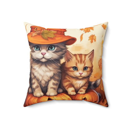 Kitty Cat Kittens Halloween - Cute Furries on Pumpkin - Festive Feline Decor - Spun Polyester Square Pillow