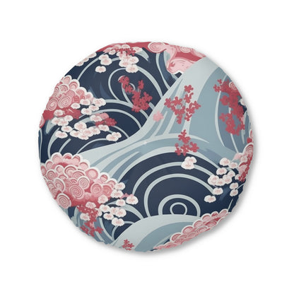 Japanese Minimalist Waves & Cherry Blossoms Pattern Tufted Floor Pillow, Round