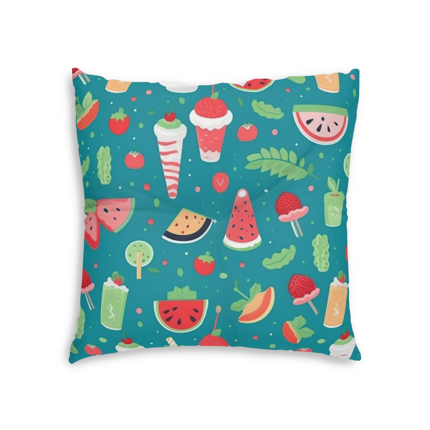 Quirky Summer Food Watermelon Ice Cream Cocktail Pattern Tufted Floor Pillow, Square