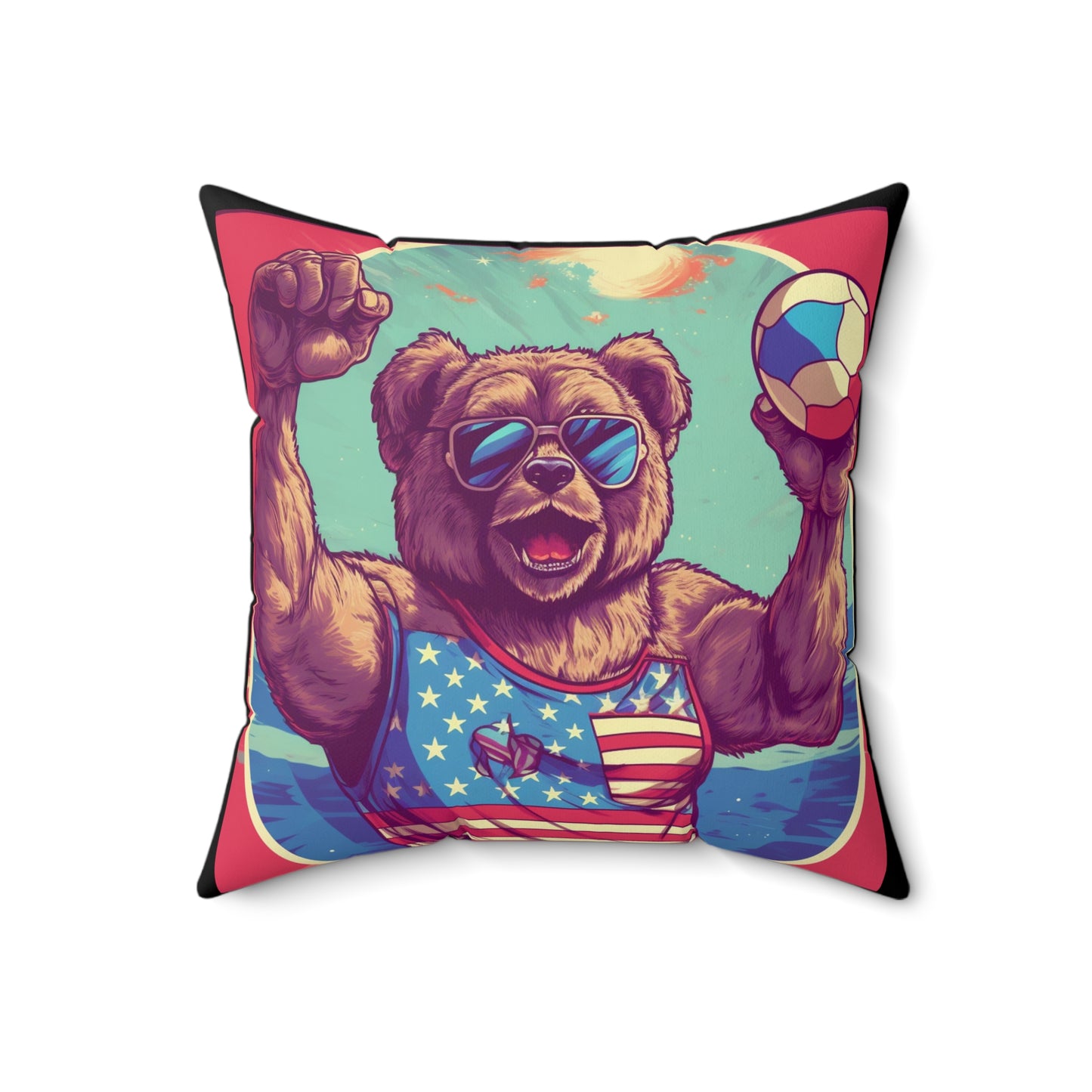 Volleyball Court Patriotism: 4th of July American Bear Athletic Spun Polyester Square Pillow