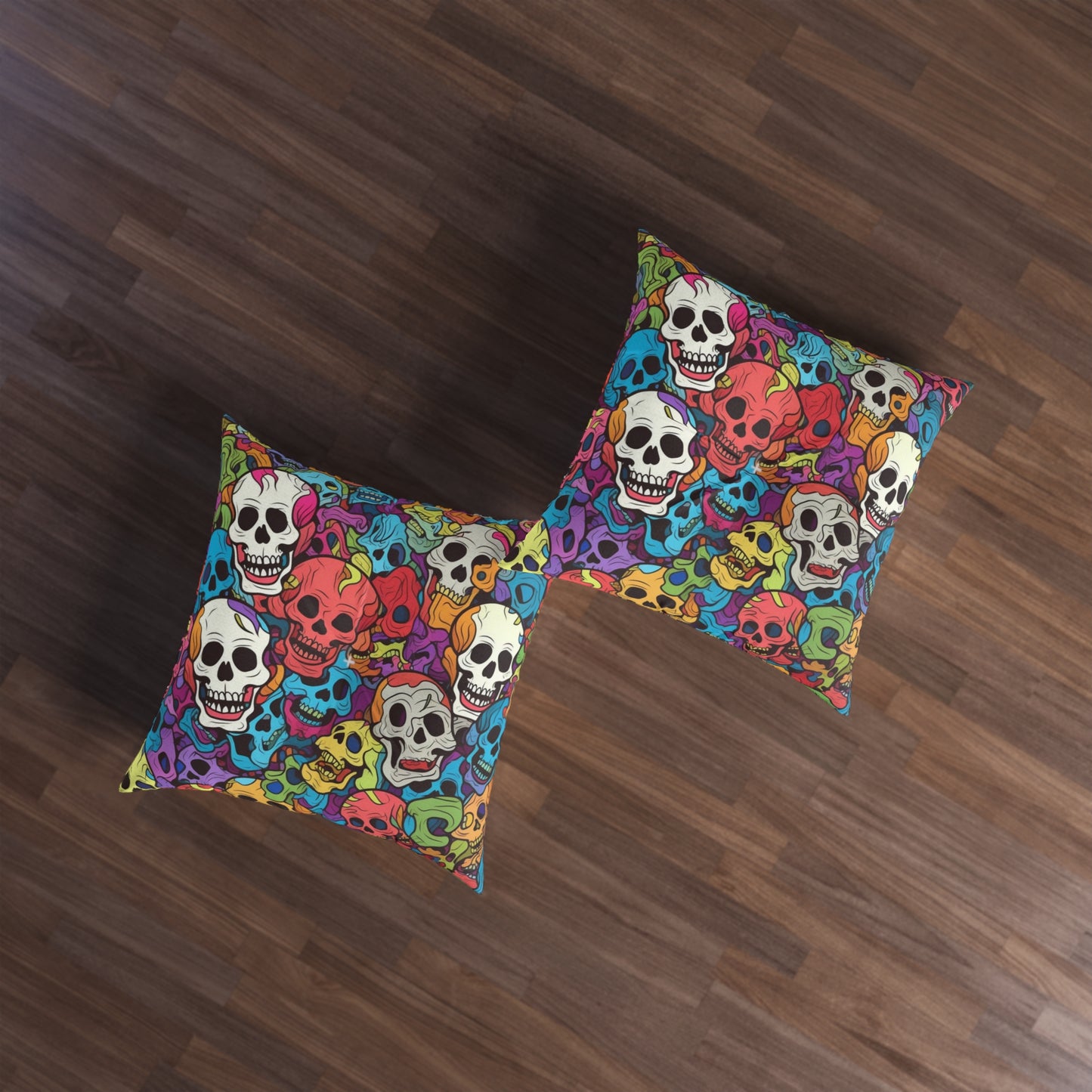 Psychedelic Rainbow Skull Head Pattern, Vibrant Colors - Tufted Floor Pillow, Square