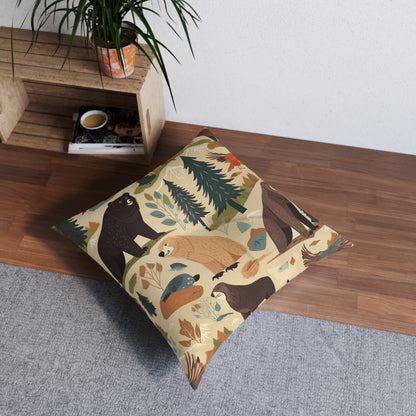 U.S. Wilderness Inspired: Grizzly Bears, Animals Pattern Tufted Floor Pillow, Square