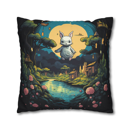 White Rabbit Mystery Psychedelic Fantasy Anime Cartoon Bunny - Spun Polyester Square Pillow Case