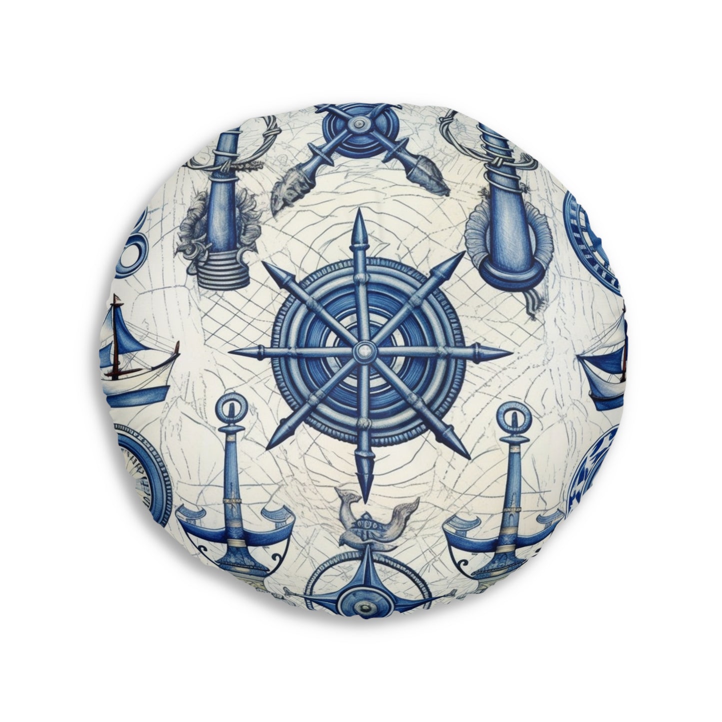 Nautical Theme Art - Anchors, Ropes, Compass Floor Pillow, Round