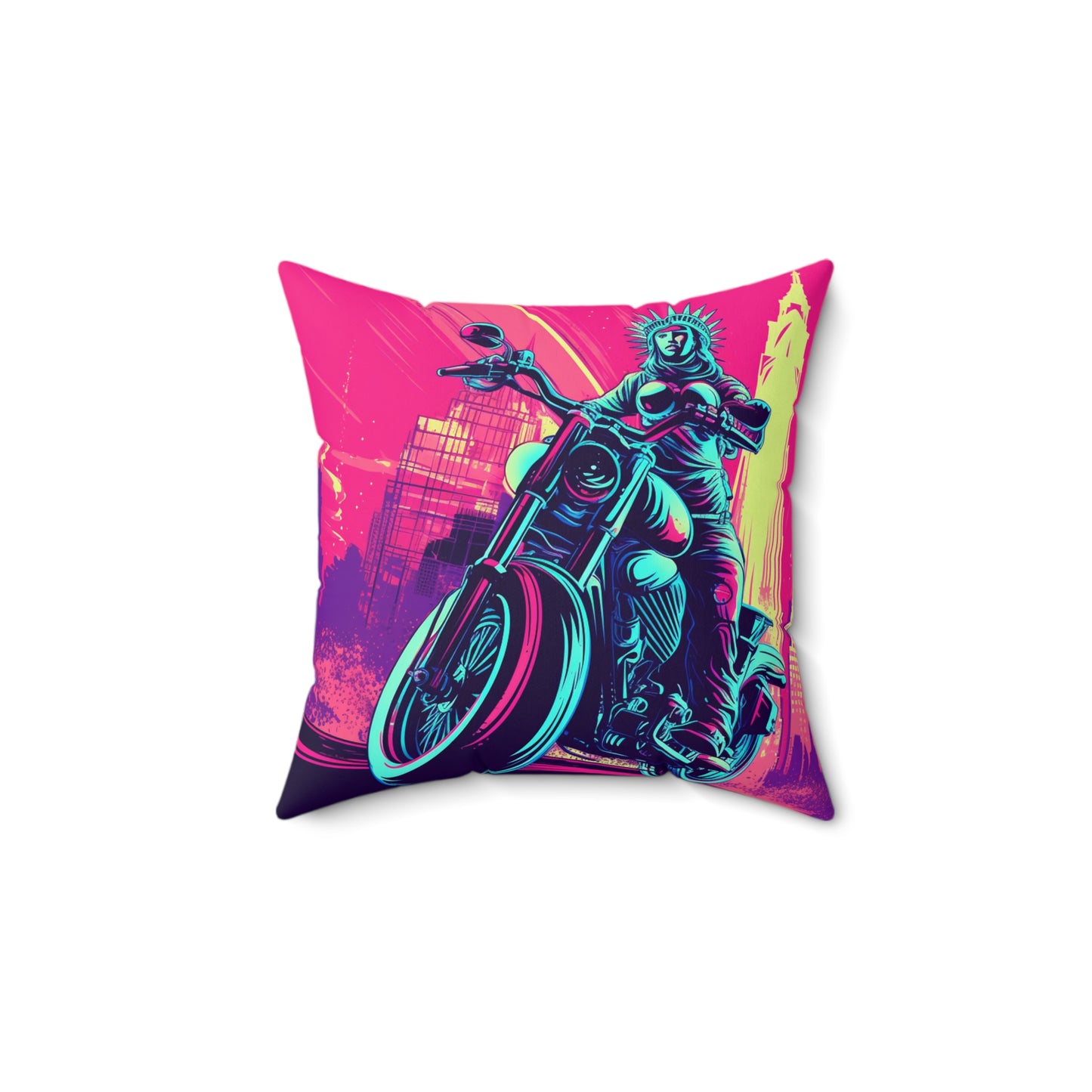 Statue of Liberty Motorcycle Biker USA Style Spun Polyester Square Pillow