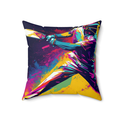 Cricket Pop Art: Batsman, Ball Impact, Wicket Stand Sport Game - Spun Polyester Square Pillow