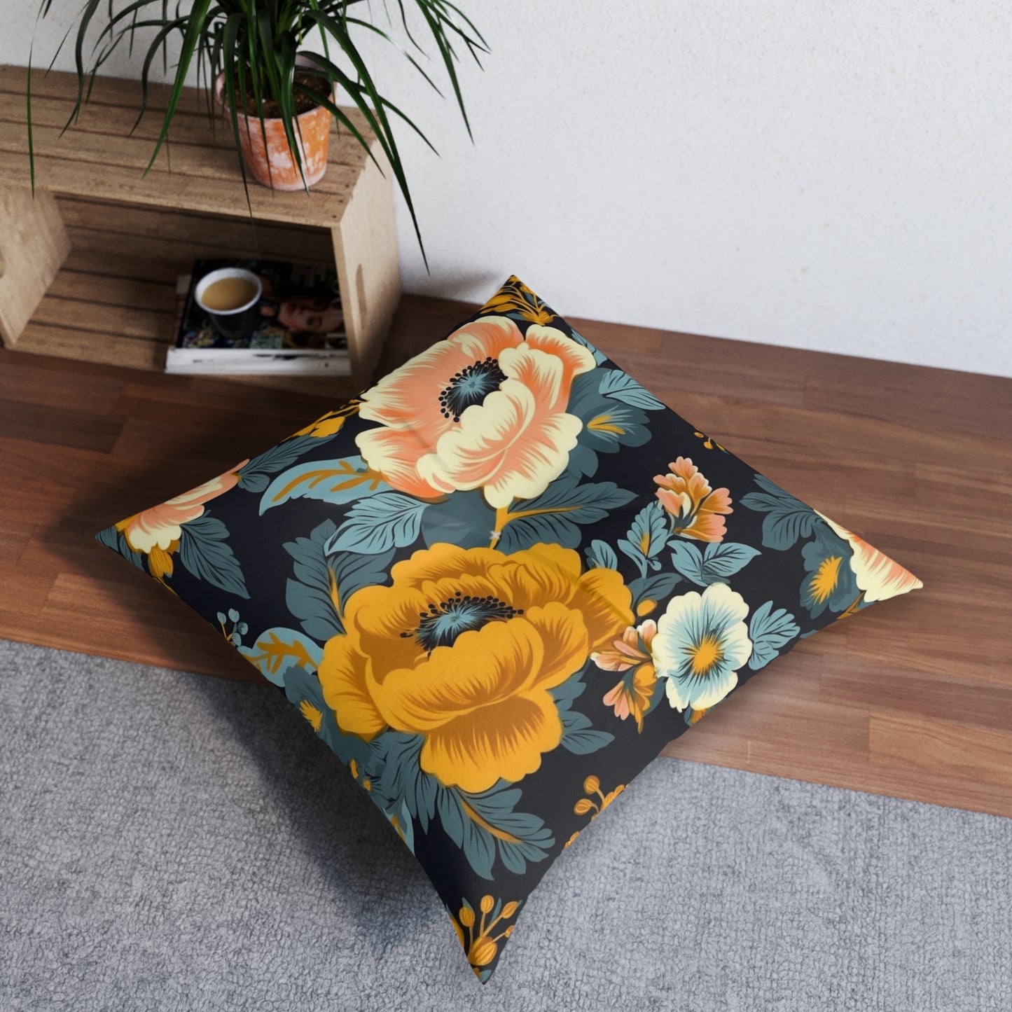 Vintage 50s 60s Inspired High-Waisted Floral Flower Pattern Tufted Floor Pillow, Square