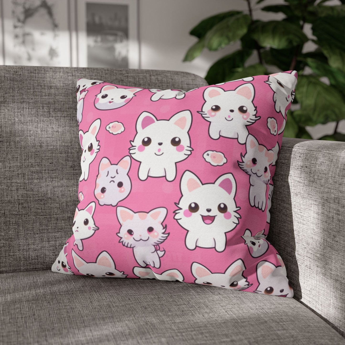 Adorable Cartoon-Style Anime Kitten, Cat, Kitty Pattern - Cute and Colorful - Spun Polyester Square Pillow Case