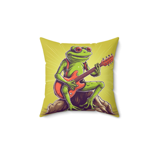 Rock Star Frog ontop Log Guitarist Graphic Instrumental Spun Polyester Square Pillow