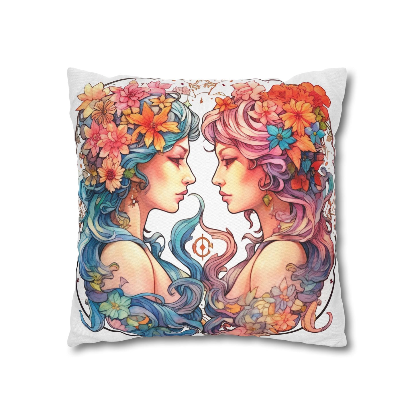 Zodiac Gemini Clipart - Twins Symbol, Whimsical Comic Style - Spun Polyester Square Pillow Case