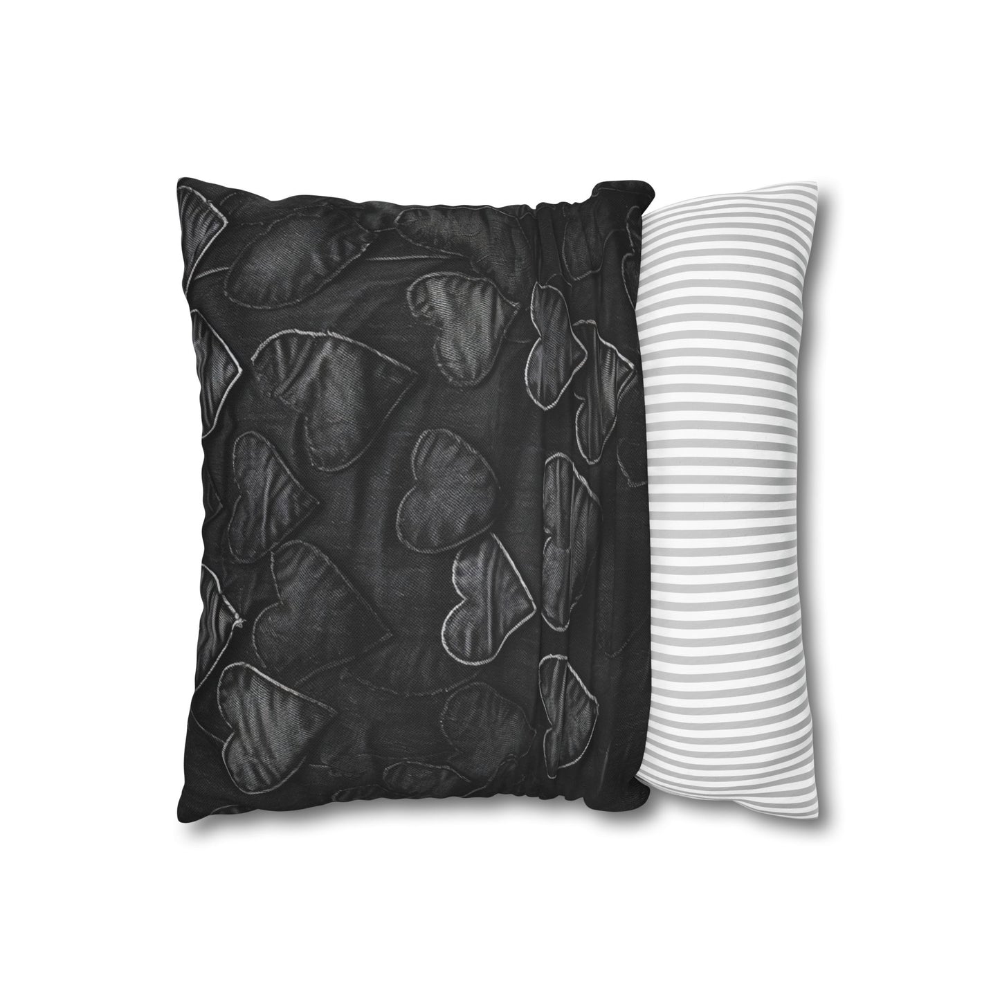 Black: Distressed Denim-Inspired Fabric Heart Embroidery Design - Spun Polyester Square Pillow Case