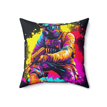 Paintball Action Sport: Player in Battle, Paint Splatter - Spun Polyester Square Pillow