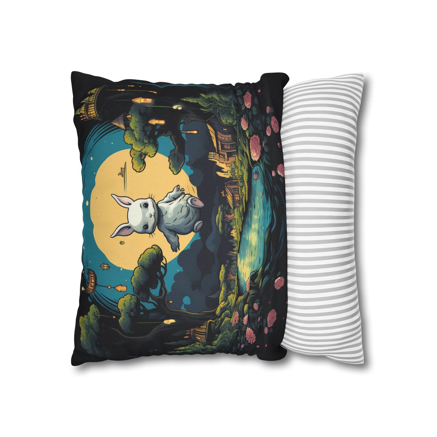 White Rabbit Mystery Psychedelic Fantasy Anime Cartoon Bunny - Spun Polyester Square Pillow Case