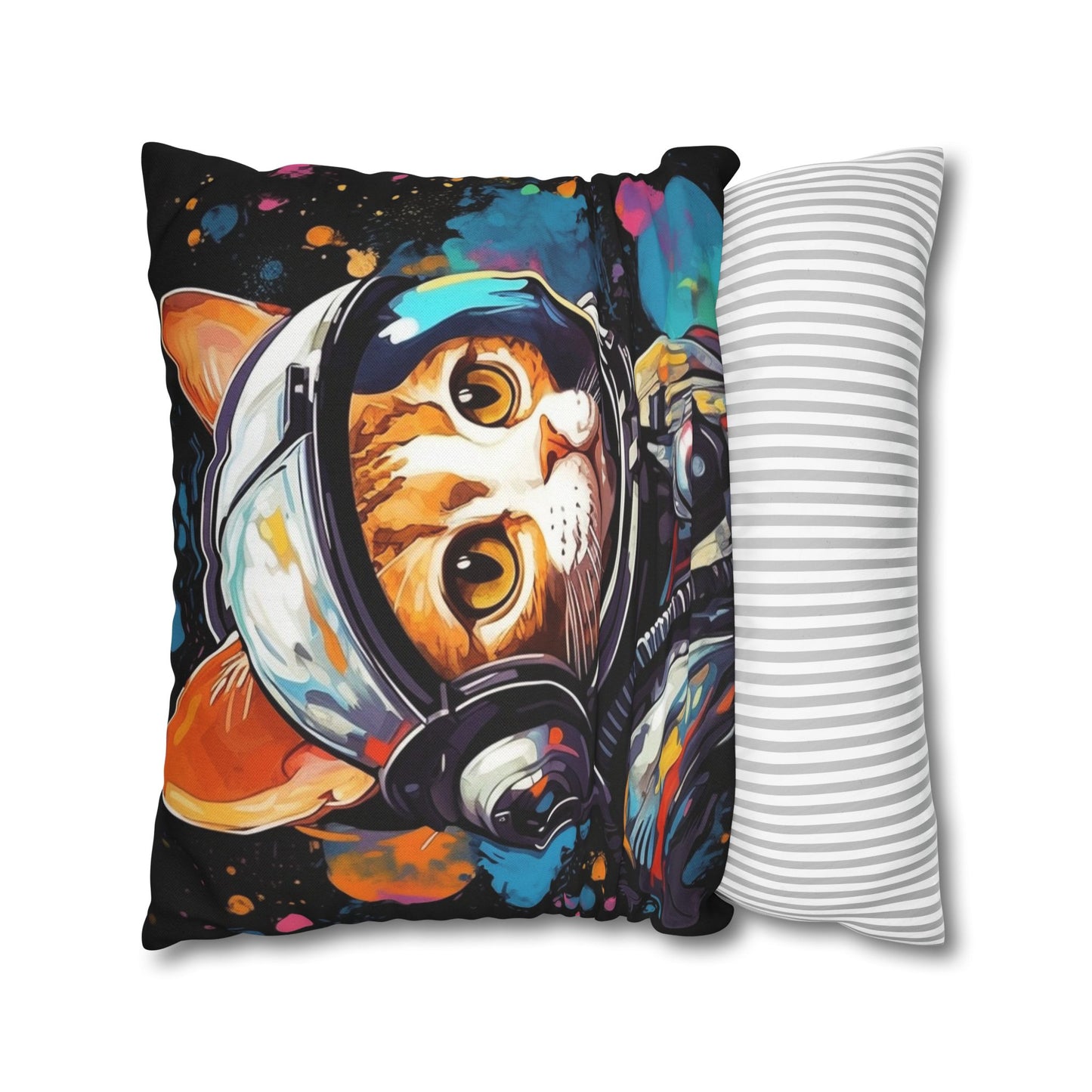 Astro Cat Adventure Feline - Pop Art, Floating in Cosmic Space - Spun Polyester Square Pillow Case