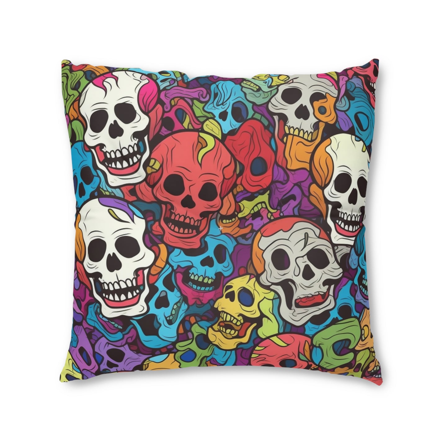 Psychedelic Rainbow Skull Head Pattern, Vibrant Colors - Tufted Floor Pillow, Square